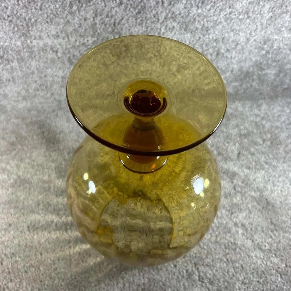 Brandy Snifter Vase Amber Optic Ribbed Glass Pedestal Scalloped Rim 9.5in